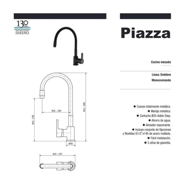 Griferia Black Cocina Monocomando Piazza Emblem Negro Mate - Imagen 3