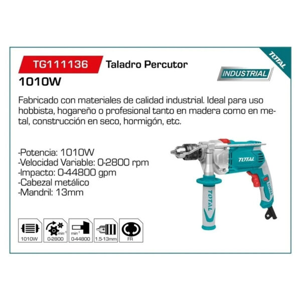 Taladro Percutor 13mm Total Industrial Tg111136 1010w - Imagen 2