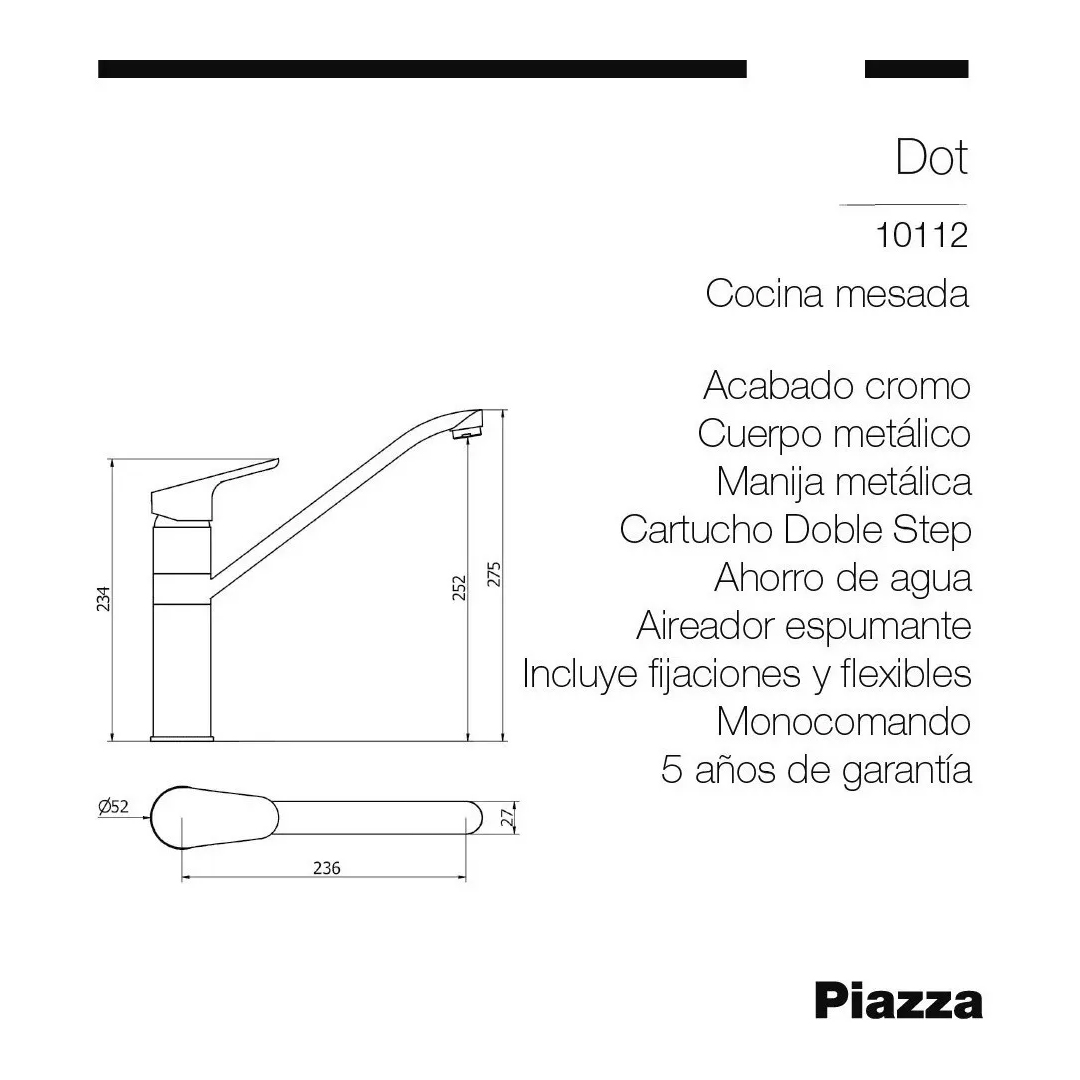Griferia De Cocina Monocomando Piazza Dot 10112 Cromo - Imagen 3