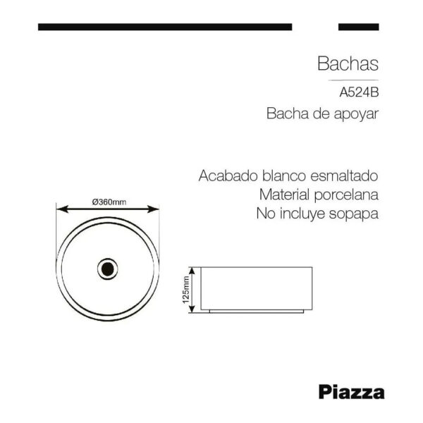 Bacha Apoyo Negra Redonda A524 Piazza Lavatorio Pileta Black - Imagen 2