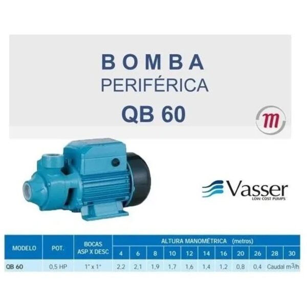 Bomba Periferica Elevadora Vasser Qb 60- 1/2hp Monofasica - Imagen 2