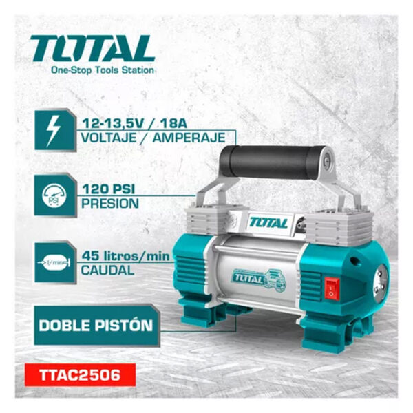 Compresor De Aire Portatil Total Doble Pistón Color Turquesa/Plateado Fase eléctrica Monofásica Frecuencia 50 Hz - Imagen 2