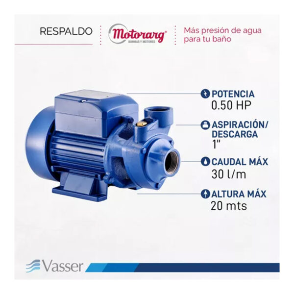 Bomba Periferica Motorarg Vasser Qb60 0,5hp Eleva 24mts 220v Color Azul Fase eléctrica Monofásica Frecuencia 50 Hz - Imagen 2