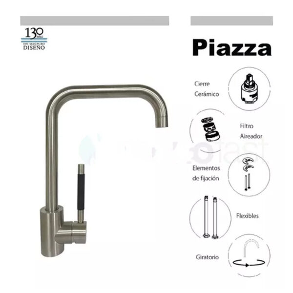 Grifería Cocina Monocomando Gourmet Inox 10303 Piazza Color Acero inoxidable - Imagen 2