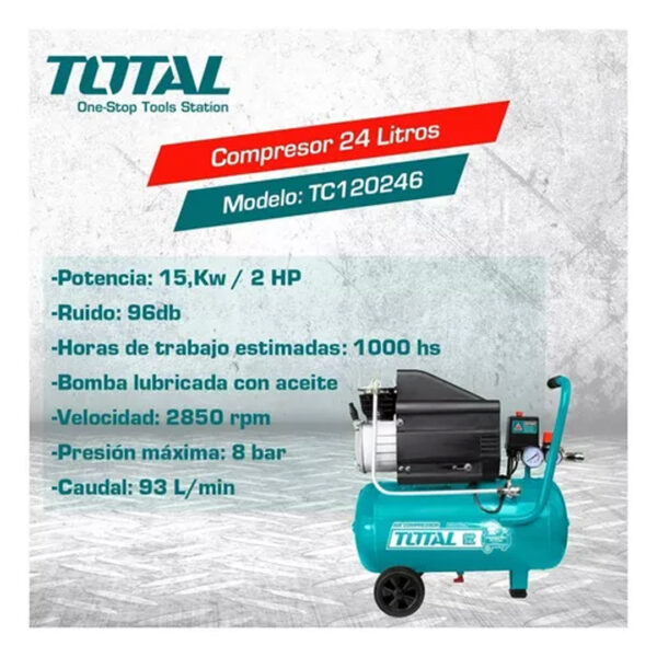 Compresor De Aire 24 Litros 2 Hp Total Monofásico Color Celeste Fase eléctrica Monofásica Frecuencia 50 Hz - Imagen 3