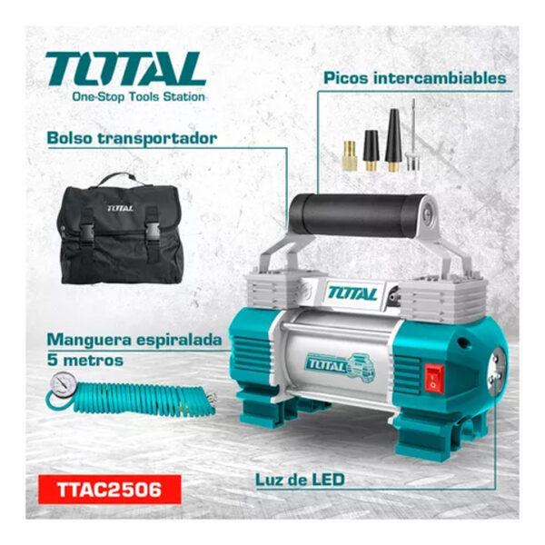 Compresor De Aire Portatil Total Doble Pistón Color Turquesa/Plateado Fase eléctrica Monofásica Frecuencia 50 Hz - Imagen 3