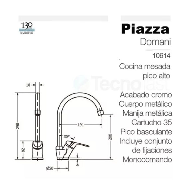 Griferia Monocomando Piazza Cocina Canilla Pico Alto Domani - Imagen 3
