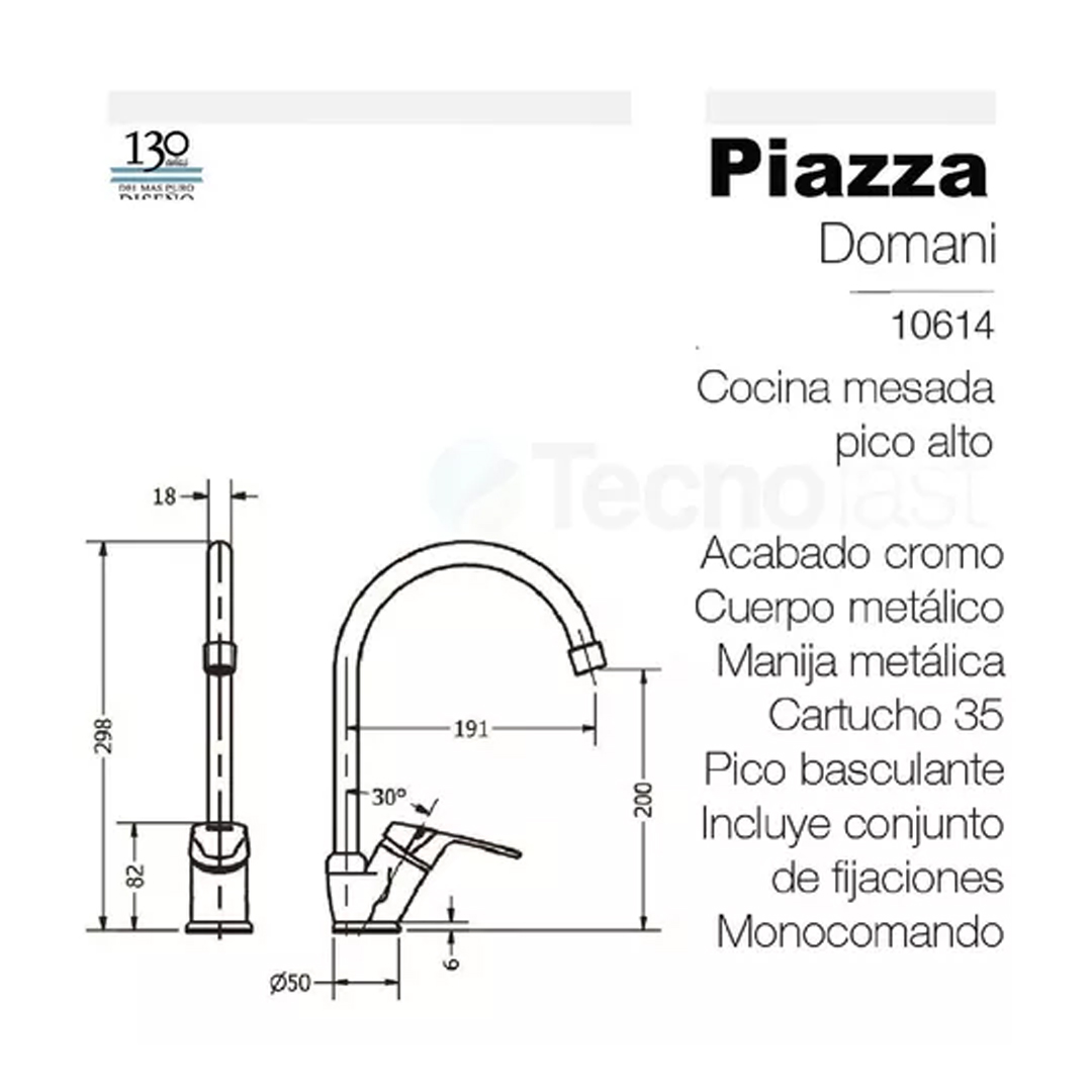 Griferia Monocomando Piazza Cocina Canilla Pico Alto Domani - Imagen 3