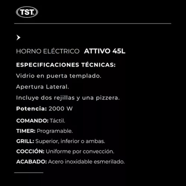 Horno Tst Electrico De Apoyar Attivo 45l Con Convector Inox Color Plateado - Imagen 3