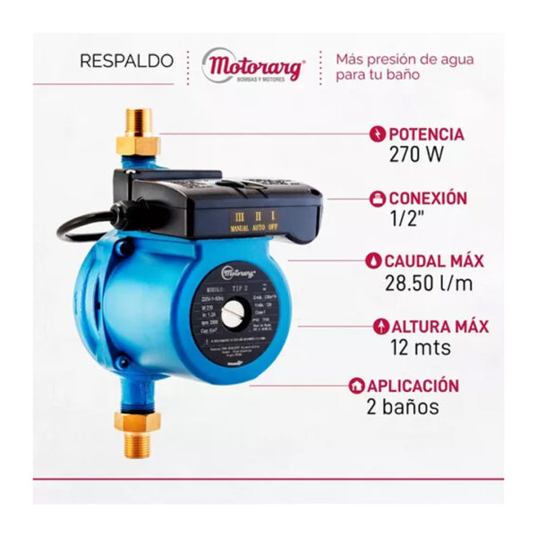 Bomba Presurizadora Motorarg Tip 2 3 Baños 270 Watts - Imagen 2