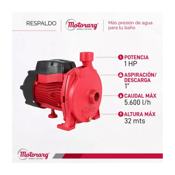 Bomba Agua Centrífuga Motorarg Bc100 1hp 5700 L Acero Inoxidable Monofásica - Imagen 2