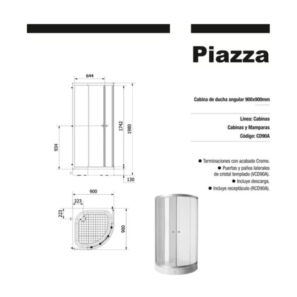 Cabina Box Ducha Angular Vidrio 90x90 Piazza + Receptaculo - Imagen 2