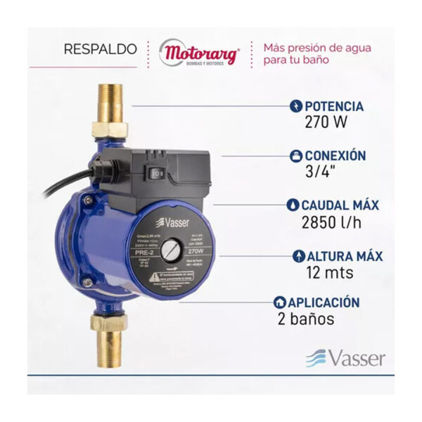 Bomba Presurizadora Calefon Vasser Motorarg Pre2 silenciosa 2 a 4 baños - Imagen 9