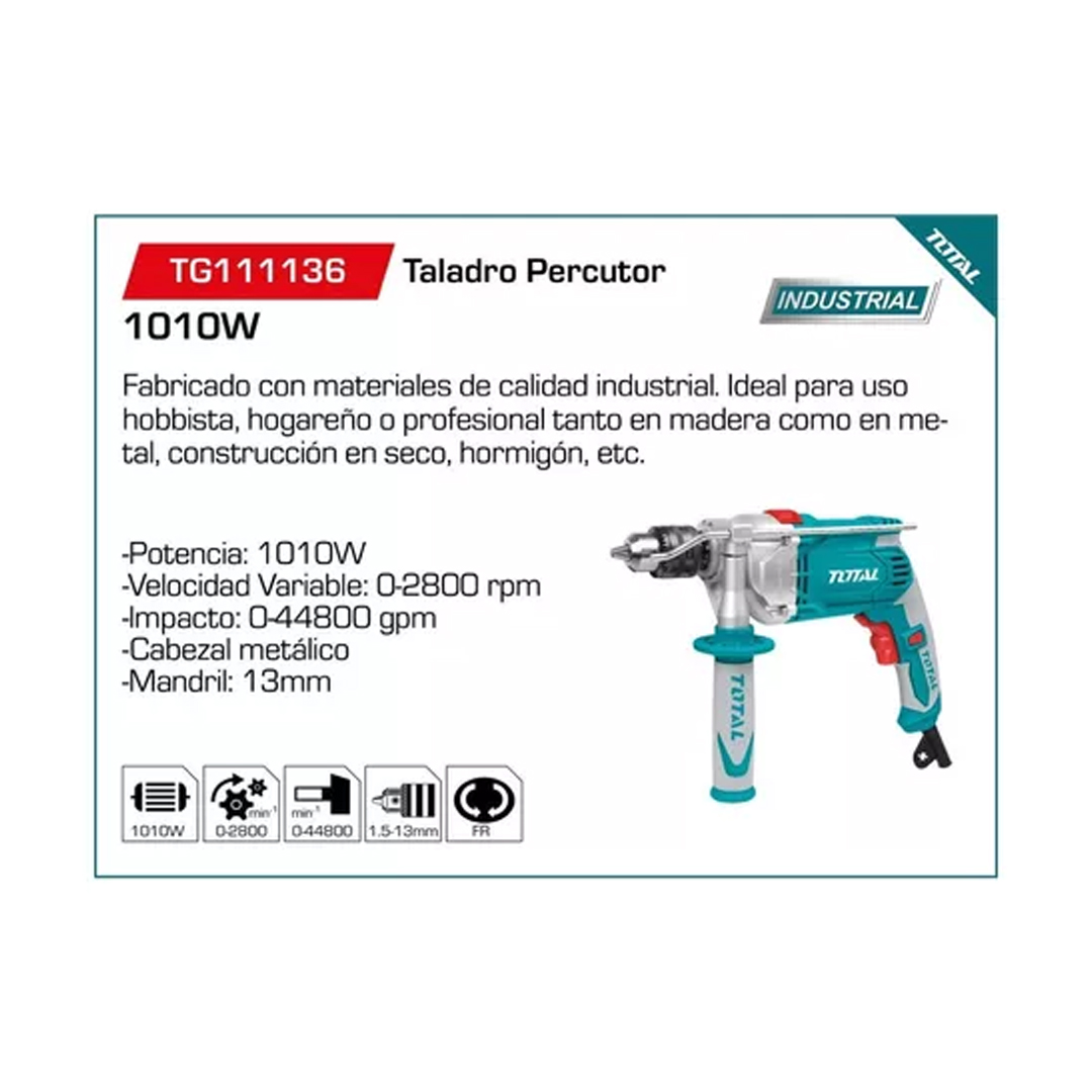 Taladro Percutor Total TG111136 1010w 13mm 220v Velocidad Variable Reversible Industrial Turquesa - Imagen 4