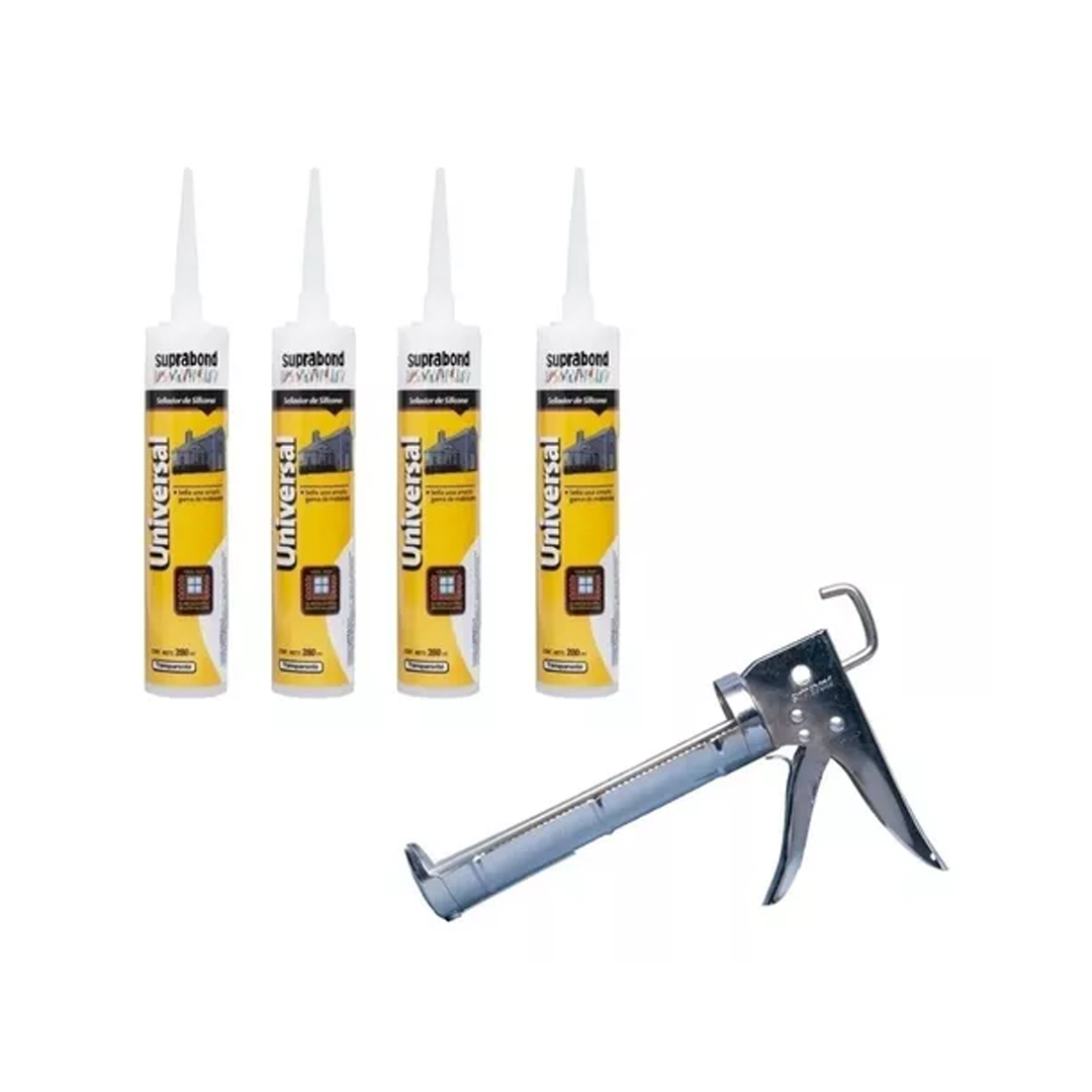 Sellador Silicona Transpa Cartucho + Pistola Suprabond X 4 U