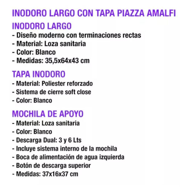 Inodoro Largo Piazza Deposito Dual Tapa Suave Premium Amalfi Color Blanco - Imagen 3
