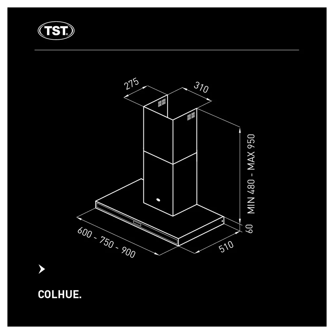 Extractor purificador de cocina TST Campana Purificadora Colhue CO-30090-740 ac. inox. de pared 900mm x 60mm x 510mm plateado 220V - Imagen 3