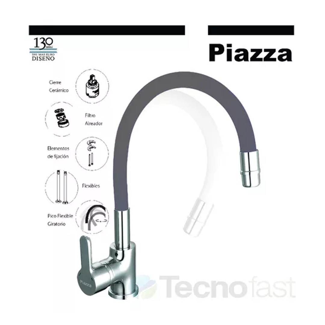 Griferia Cocina Mesada Monocomando Piazza Emblem 10016gr Acabado Cromado Color Gris - Imagen 2