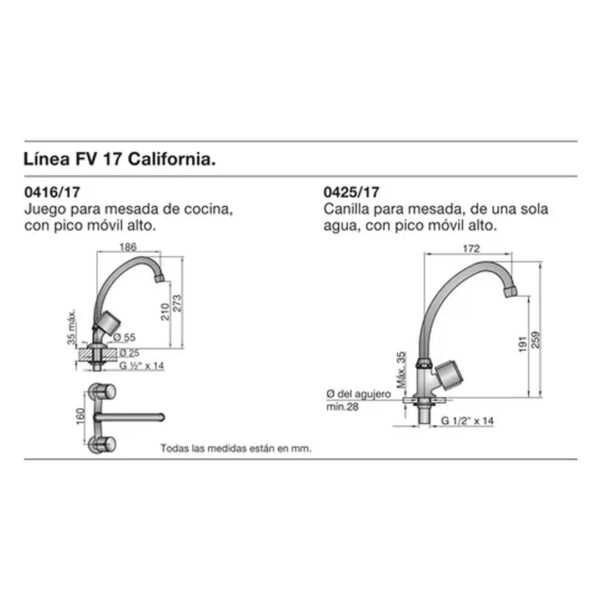 Grifo de cocina doble comando FV 17 California 0416/17 cromo acabado brillante - Imagen 3