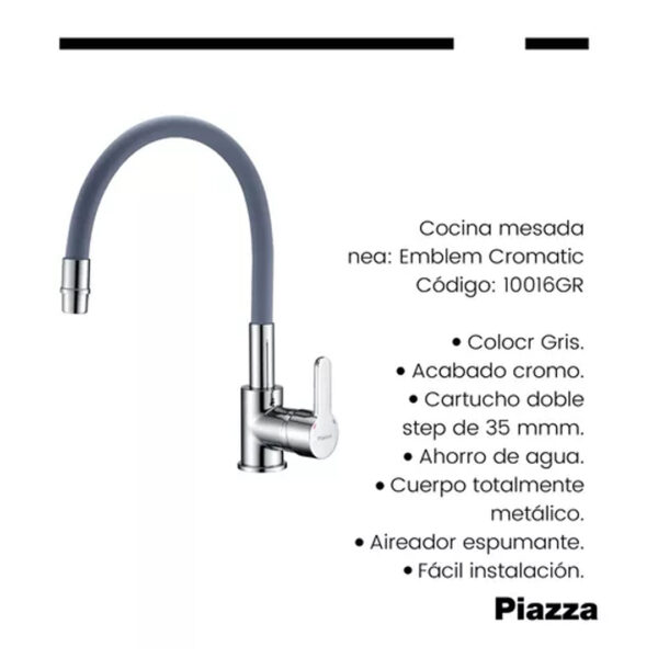 Griferia Cocina Mesada Monocomando Piazza Emblem 10016gr Acabado Cromado Color Gris - Imagen 4
