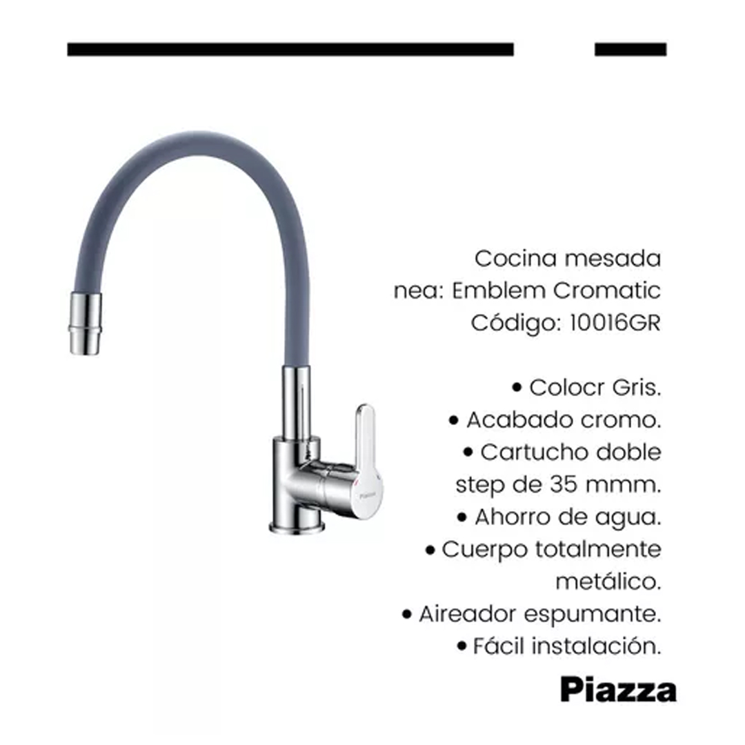 Griferia Cocina Mesada Monocomando Piazza Emblem 10016gr Acabado Cromado Color Gris - Imagen 4