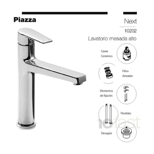 Grifería Lavatorio Monocomando Mesada Alta Piazza Next 10202 Acabado Cromado Color Plateado - Imagen 2