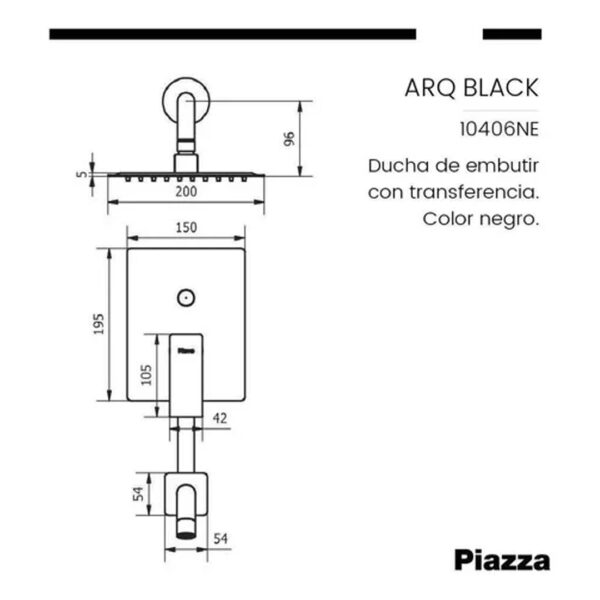 Grifería Baño Ducha Monocomando Piazza Arq 10406ne Negro - Imagen 6