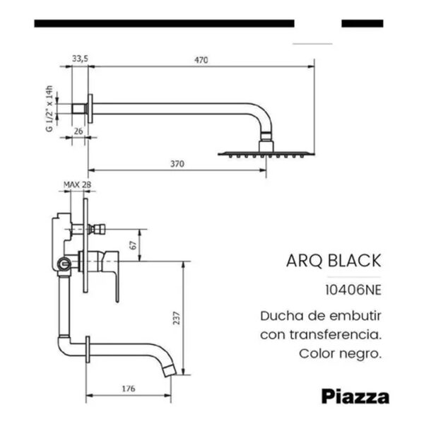 Grifería Baño Ducha Monocomando Piazza Arq 10406ne Negro - Imagen 5