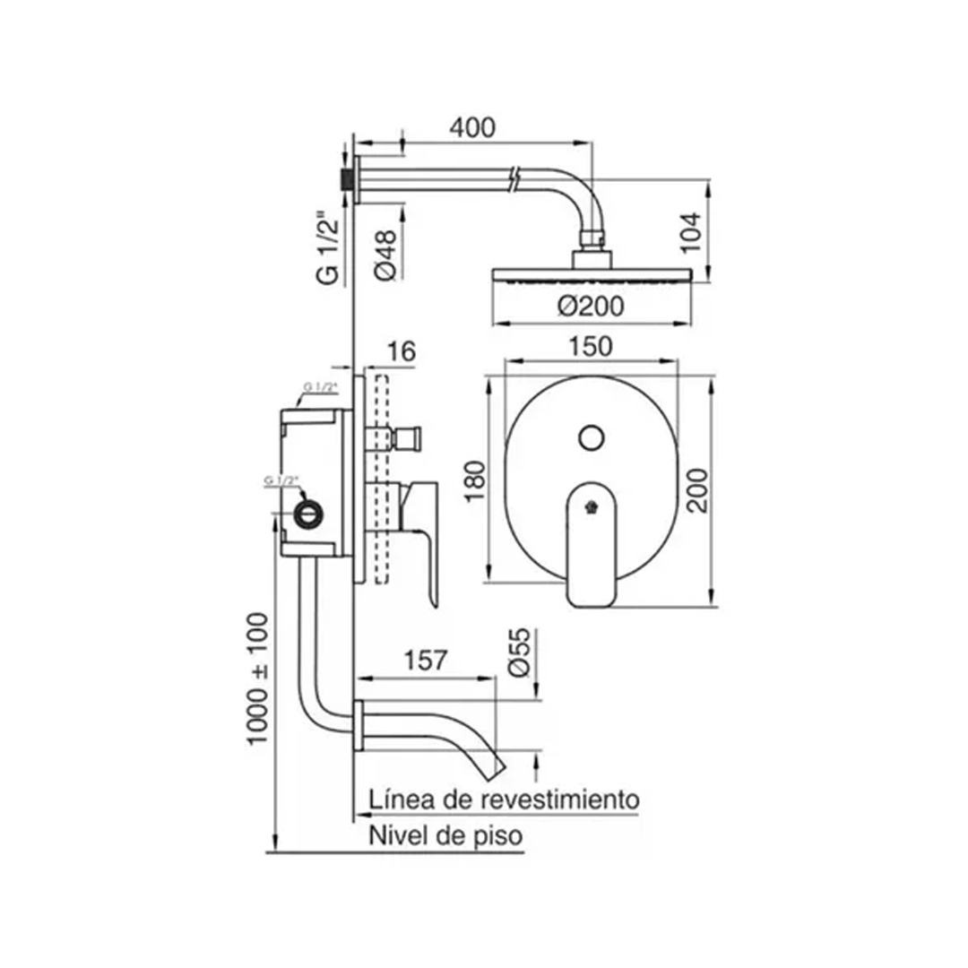 Griferia Monocomando Ducha Y Bañera Fv Coty Cromo 0106/d9 Cr - Imagen 2