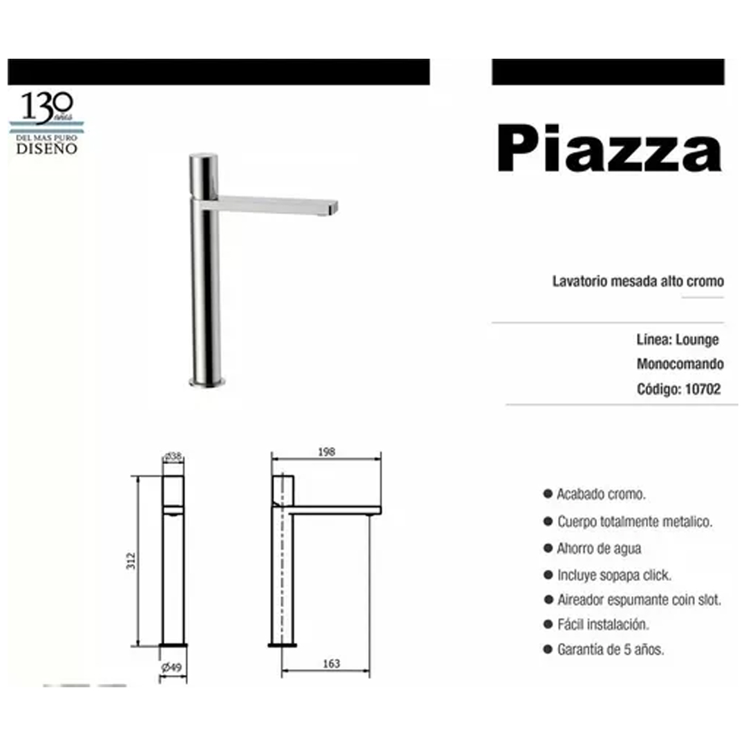 Grifería Piazza Lounge Baño Ducha + Lavatorio Alto + Bidet - Imagen 6