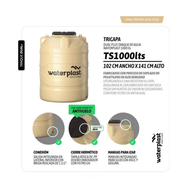 Tanque De Agua Waterplast Tricapa Dual Plus 1000 Litros Color Beige Apto exterior y Cisterna - Imagen 2