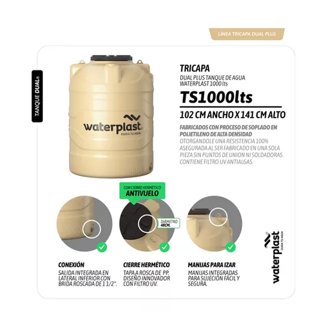 Tanque De Agua Waterplast Tricapa Dual Plus 1000 Litros Color Beige Apto exterior y Cisterna - Imagen 2