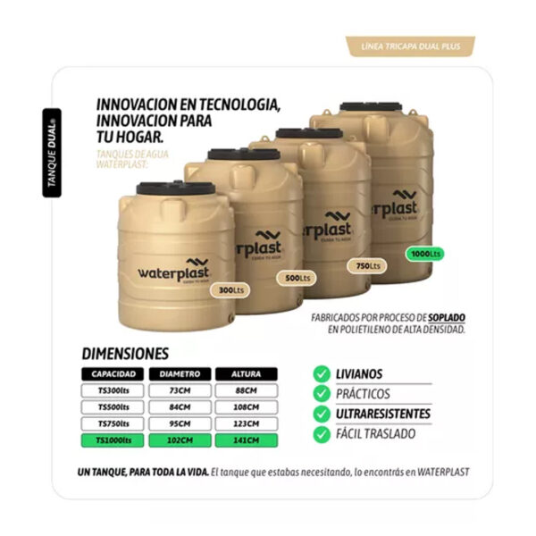 Tanque De Agua Waterplast Tricapa Dual Plus 1000 Litros Color Beige Apto exterior y Cisterna - Imagen 4