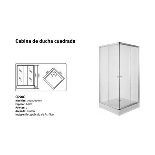 Cabina Box Ducha Cuadrada Vidrio 90x90 Piazza + Receptaculo - Imagen 3