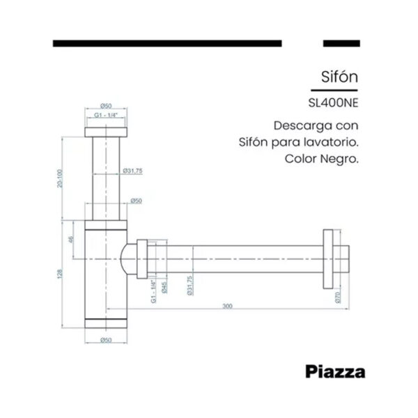 Piazza SL400NE sifón descarga desagüe bacha lavatorio Negro - Imagen 6