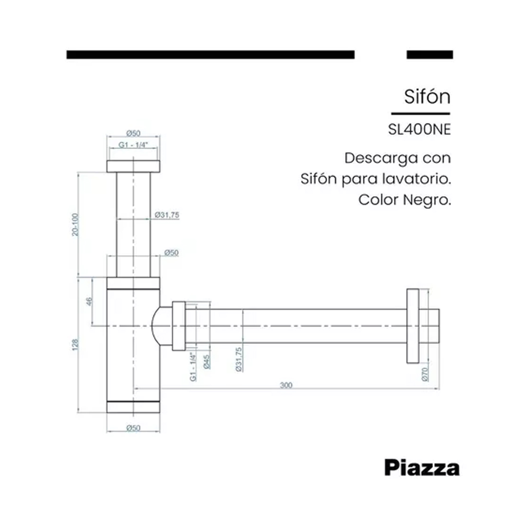 Piazza SL400NE sifón descarga desagüe bacha lavatorio Negro - Imagen 6