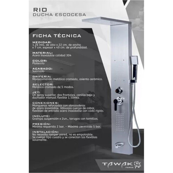 Ducha Escocesa Columna 2 Jets Acero 304 Tawak Rio - Imagen 5