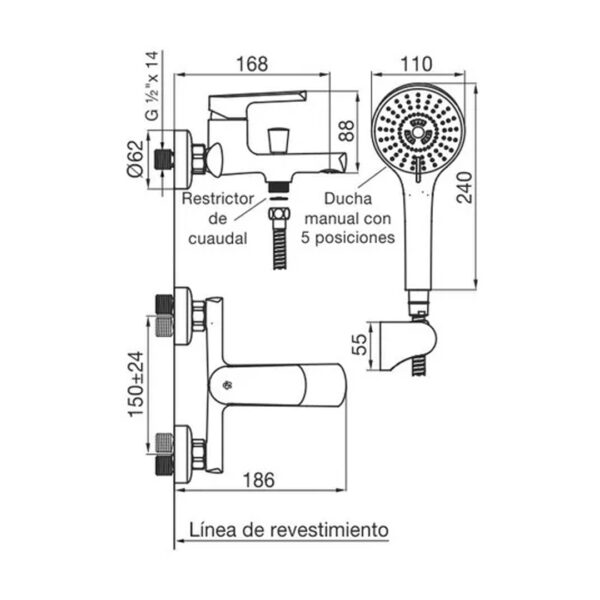 Fv Aromo Ducha Monocomando Ext 0310/d8 Negro Mate - Imagen 2