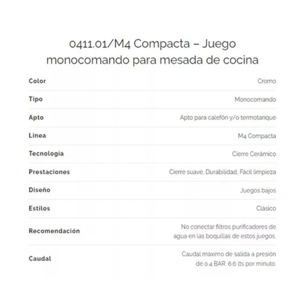 Griferia Fv Compacta 0411.01/m4 Cocina Mesada Monocomando Acabado Brillante Color Cromo - Imagen 3