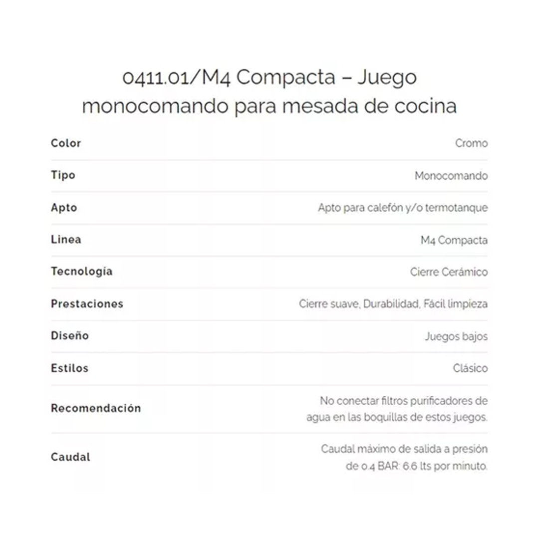 Griferia Fv Compacta 0411.01/m4 Cocina Mesada Monocomando Acabado Brillante Color Cromo - Imagen 3