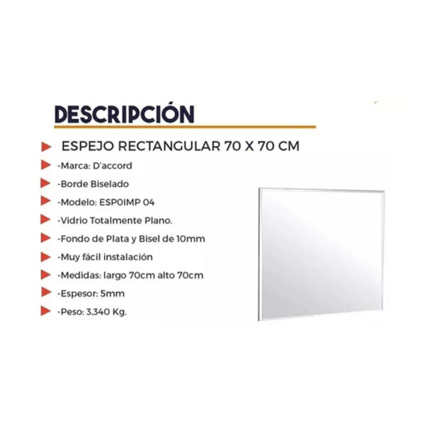 Espejo Cuadrado 70 X 70 Cm Vidrio Bordes Biselados Baño - Imagen 3
