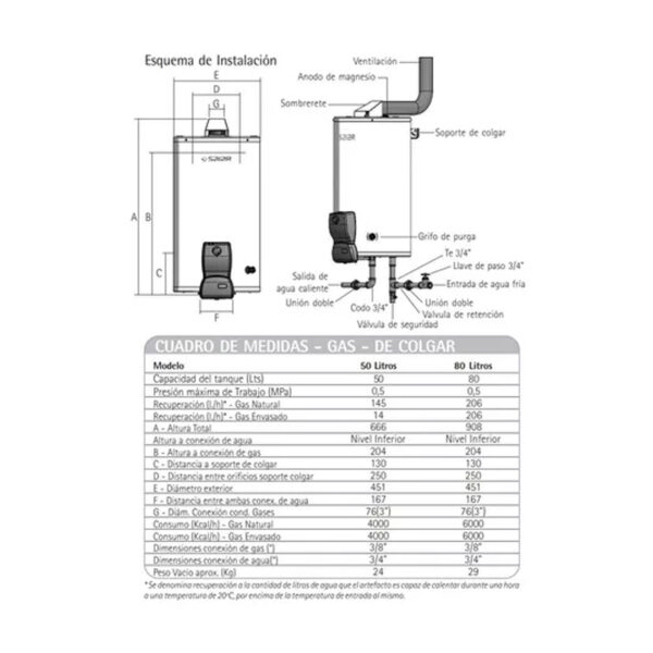 Termotanque Multi Gas De Colgar 50 Litros Saiar Rheem Tcg050 Color Blanco - Imagen 3