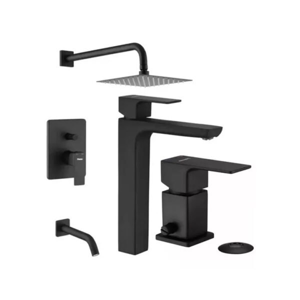 Grifería Piazza Black Arq Negro Lavatorio Alto Bidet Bañera
