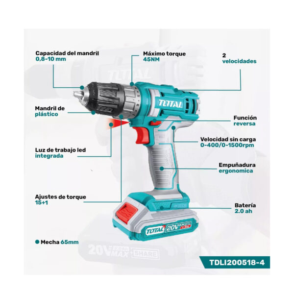 Taladro Atornillador inalámbrico 10mm 20v Incluye Bateria y Cargador de Ultima Tecnologia Calidad TOTAL - Imagen 2