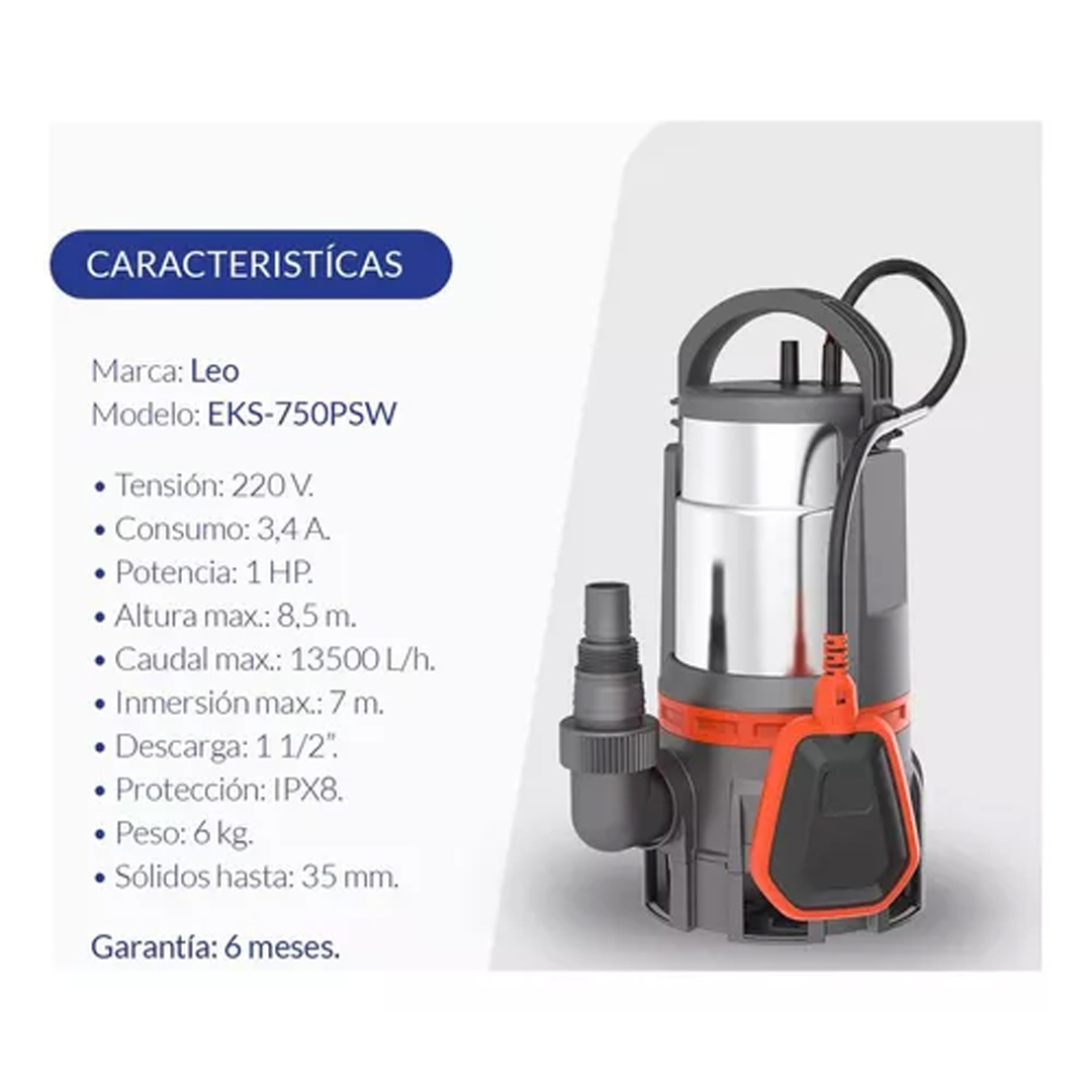 Bomba Sumergible Desagote Leo Eks 750 Psw 1 Hp Aguas Sucias - Imagen 2
