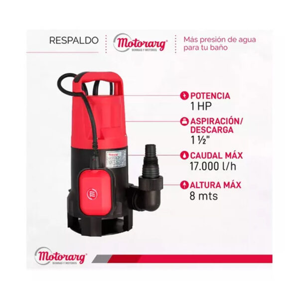 Bomba Desagote Motorarg Sap As 100 Agua Sucia 1 Hp Color Rojo - Imagen 2