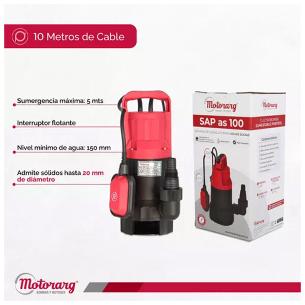Bomba Desagote Motorarg Sap As 100 Agua Sucia 1 Hp Color Rojo - Imagen 4