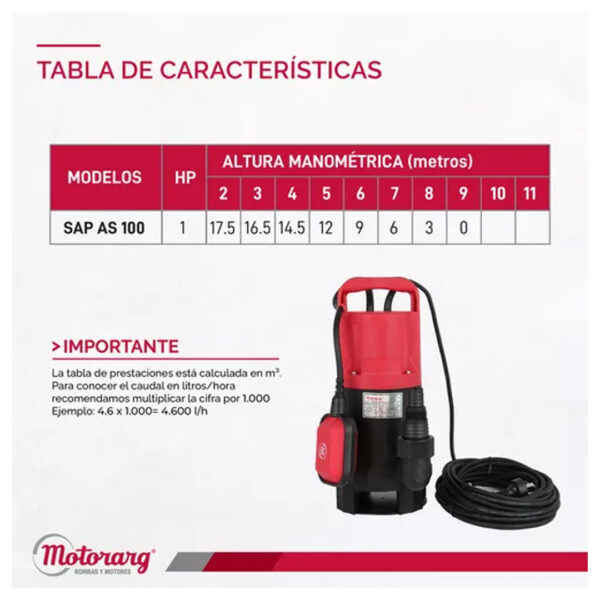 Bomba Desagote Motorarg Sap As 100 Agua Sucia 1 Hp Color Rojo - Imagen 3