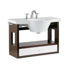 Mueble para baño Ferrum X8HC de 84cm de ancho, 63cm de alto y 51cm de profundidad, con bacha color blanco y mueble wengue con tres agujeros para grifería