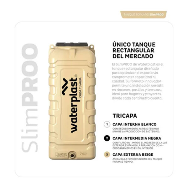 Tanque de Agua Ultradelgado Slim Proo Waterplast Vertical Tricapa 750 Litros Color Beige - Imagen 2